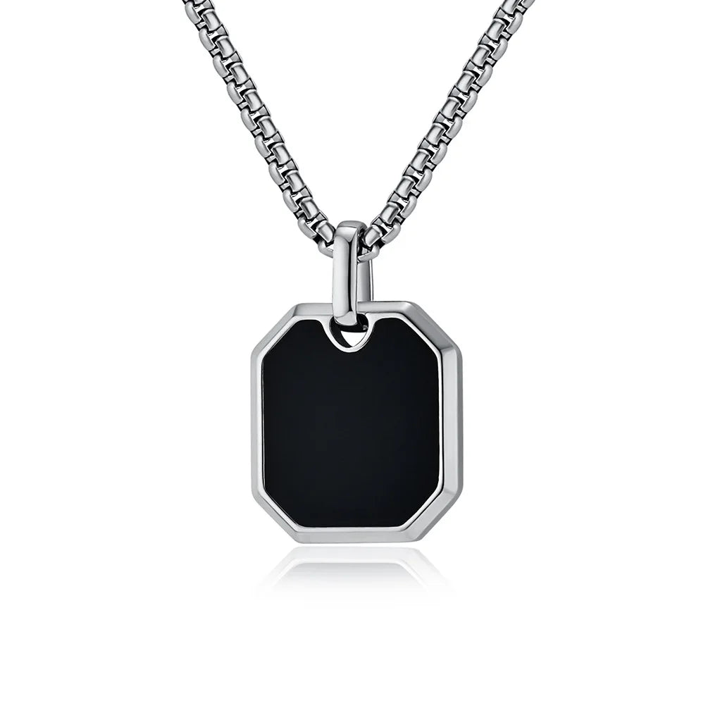 Collier Pendentif Carré Noir Unisexe - Acier Inoxydable Classique Homme Femme