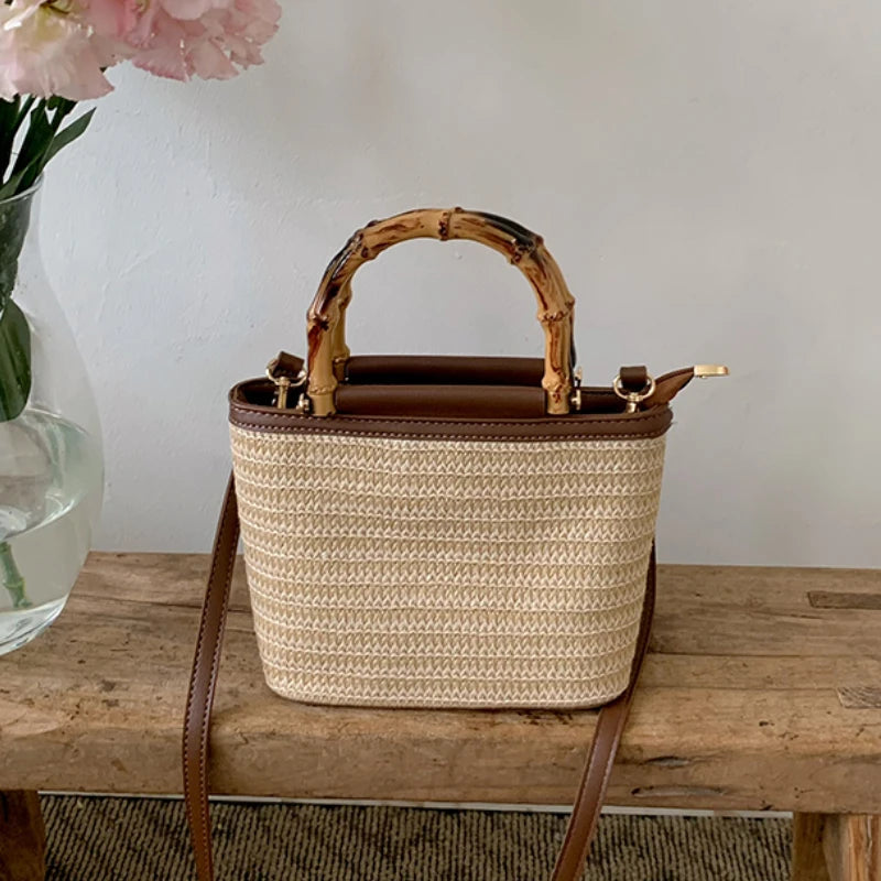 Sac à Main Femme en Paille Tressé - Anse en Bois - Style Bohème Été