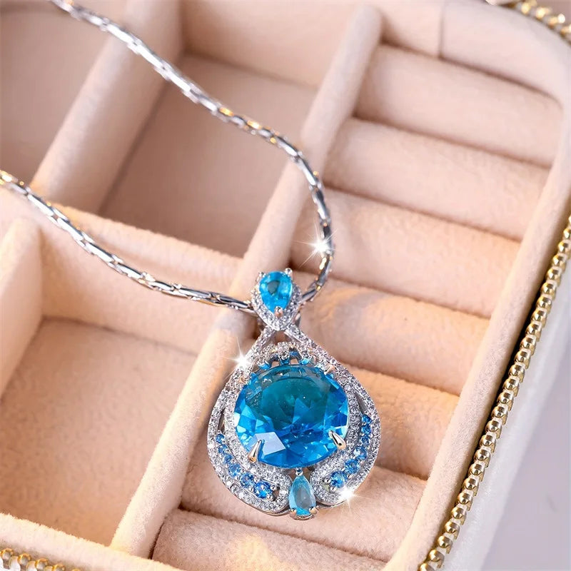 Collier Femme Pendentif Zircon Bleu - Taille Firework Premium