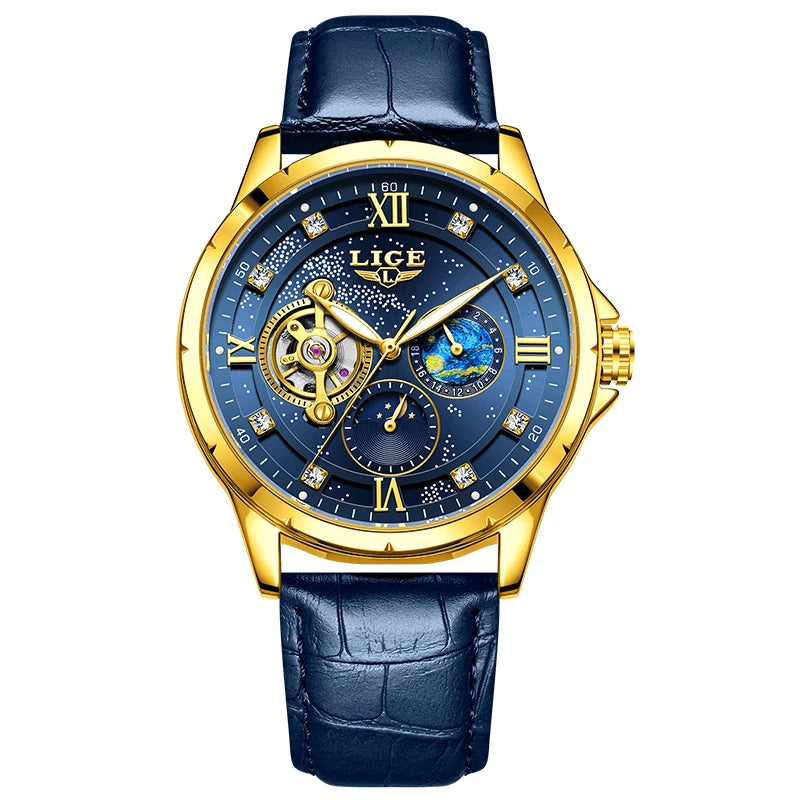 Montre Automatique Homme LIGE 2026 - Mécanique Phase de Lune Bracelet Cuir
