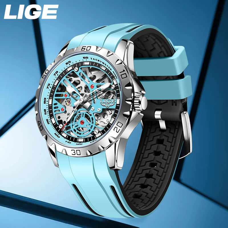 LIGE - Montre Homme Mécanique Automatique Squelette Tourbillon - Bracelet Silicone - Étanche 3 ATM