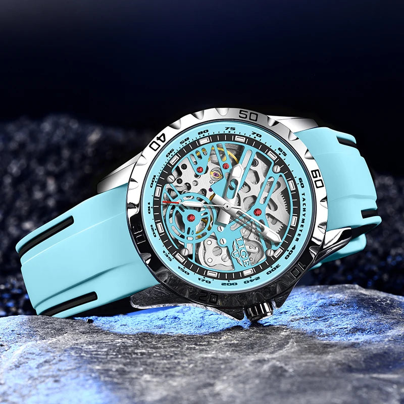 LIGE - Montre Homme Mécanique Automatique Squelette Tourbillon - Bracelet Silicone - Étanche 3 ATM