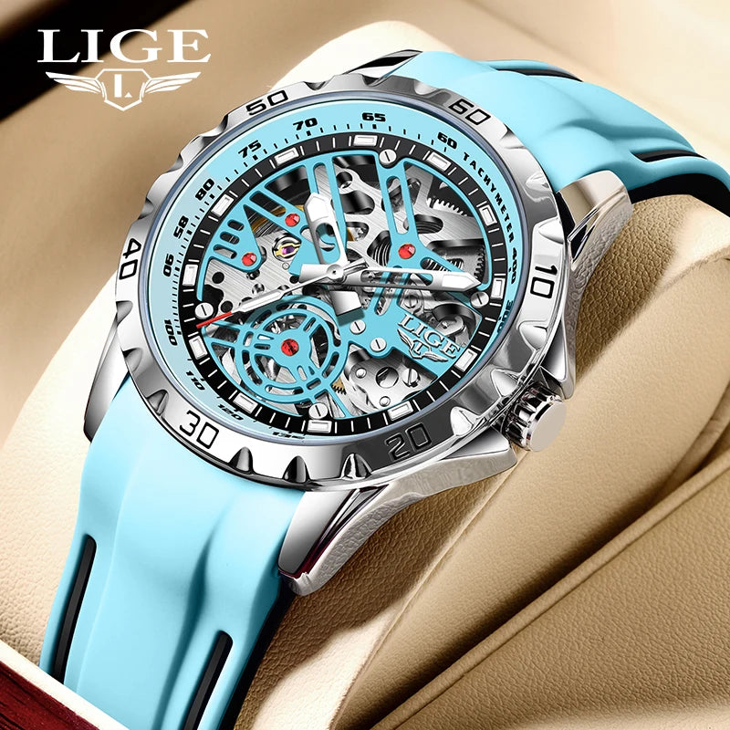 LIGE - Montre Homme Mécanique Automatique Squelette Tourbillon - Bracelet Silicone - Étanche 3 ATM