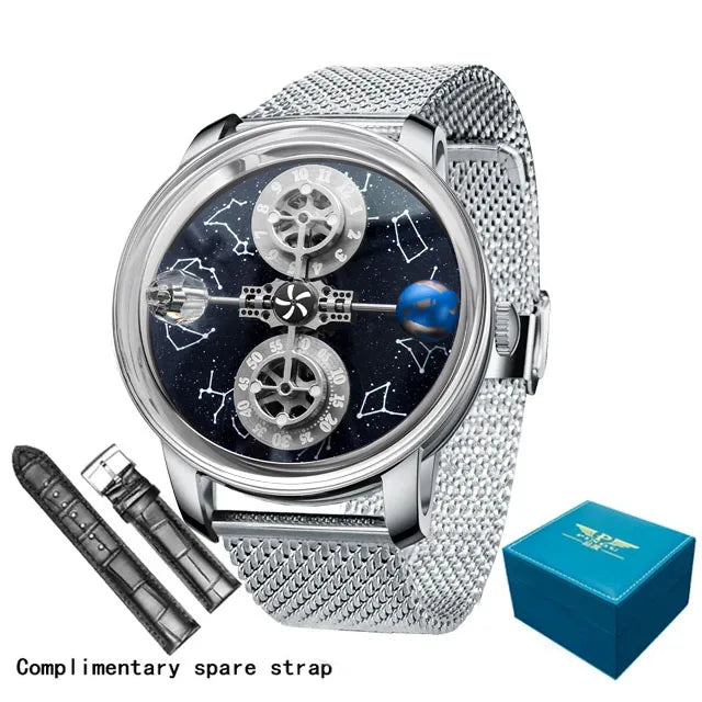 PINDU - Montre Homme Mécanique Automatique Squelette - 12 Constellations - Verre Saphir - Bracelet Maille Acier