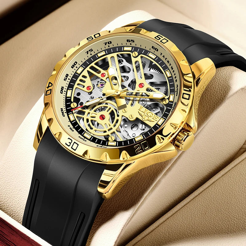 LIGE - Montre Homme Mécanique Automatique Squelette Tourbillon - Bracelet Silicone - Étanche 3 ATM