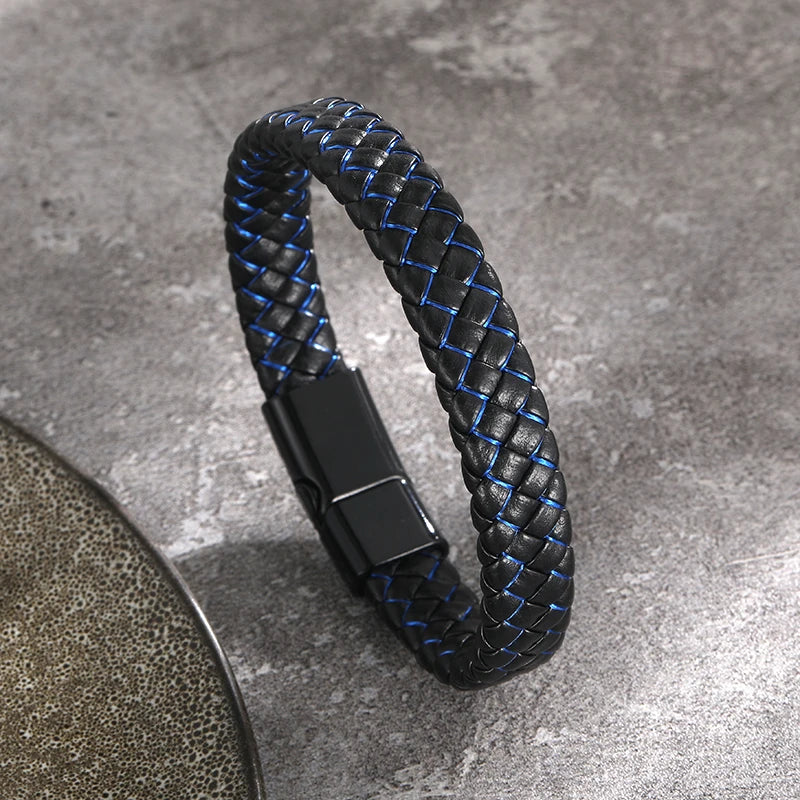 Bracelet Homme Cuir Véritable Tressé Noir - Fermoirs Magnétiques Acier Inoxydable Bangle