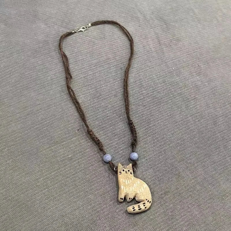 Collier Pendentif Chat Mignon Rétro Perles Étoiles - Bijou Femme Ethnique