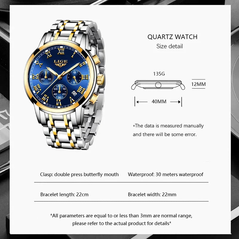 LIGE - Montre Femme Luxe Chronographe Bicolore Or/Argent - Cadran Bleu - Étanche 3 ATM