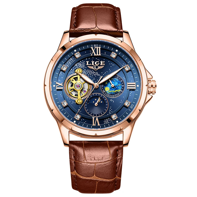 Montre Automatique Homme LIGE 2026 - Mécanique Phase de Lune Bracelet Cuir
