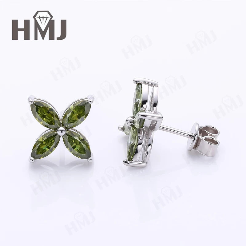 Collier Pendentif, Boucles d'Oreilles Puces, Trèfle à Quatre Feuilles, Moissanite Marquise, Argent Sterling 925