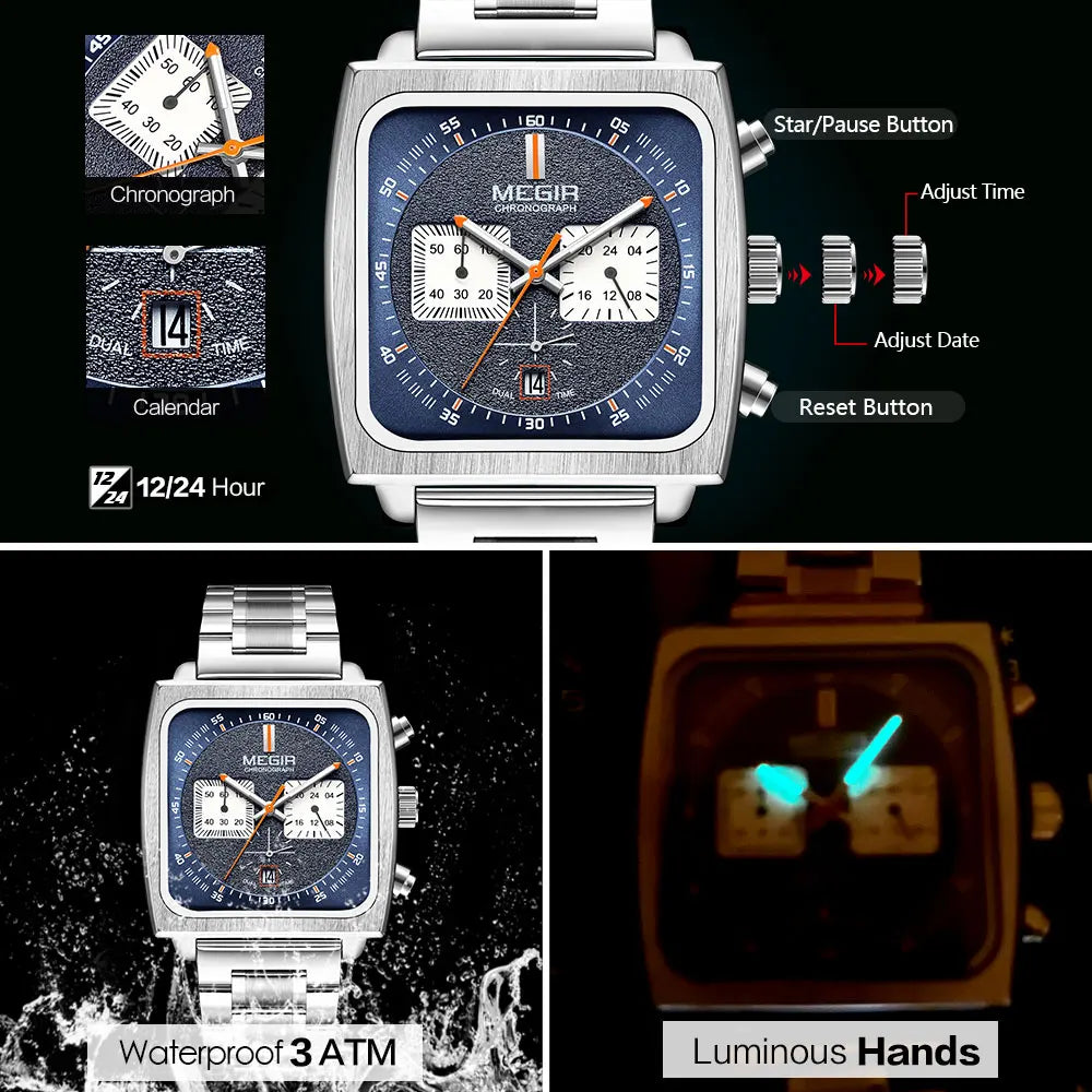 MEGIR - Montre Homme 2182 Sport Chronographe Carrée - Cadran Bleu - Bracelet Acier - 24H - Étanche 3 ATM