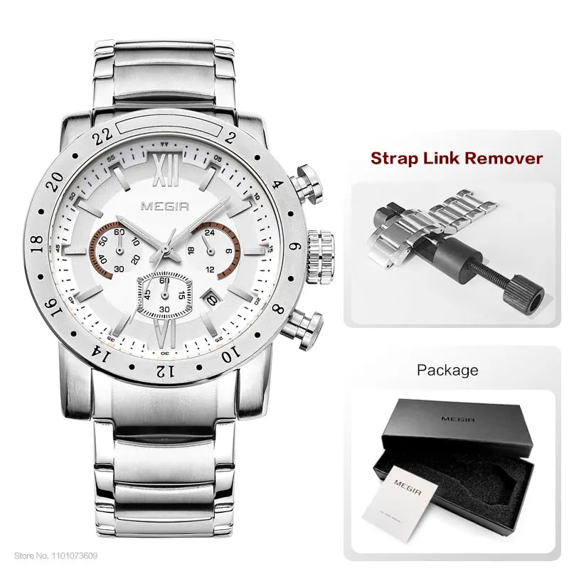 MEGIR - Montre Homme MEGIR 3008 Chronographe Business - Acier Inoxydable - Cadran Blanc - Étanche 3 ATM