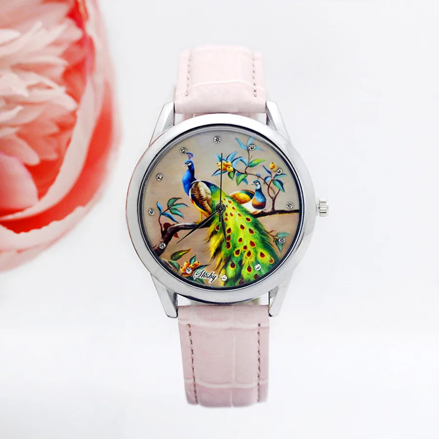 SHSBY - Montre Femme - Bracelet Cuir - Motif Fleur Élégant - Cadeau Idéal