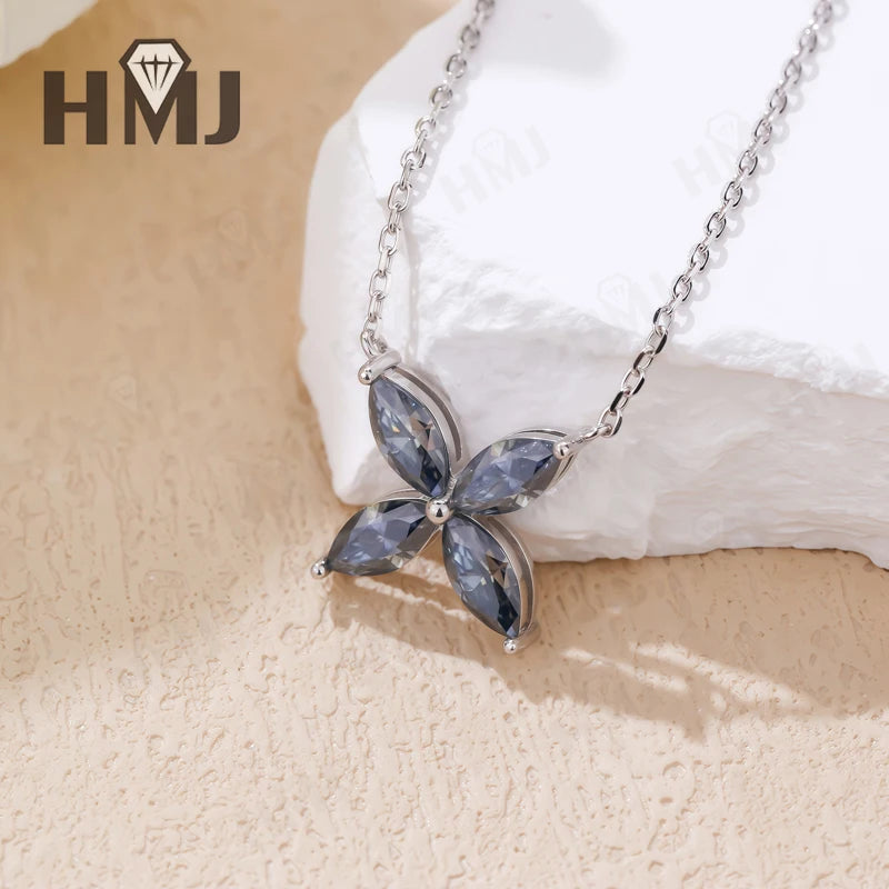Collier Pendentif, Boucles d'Oreilles Puces, Trèfle à Quatre Feuilles, Moissanite Marquise, Argent Sterling 925