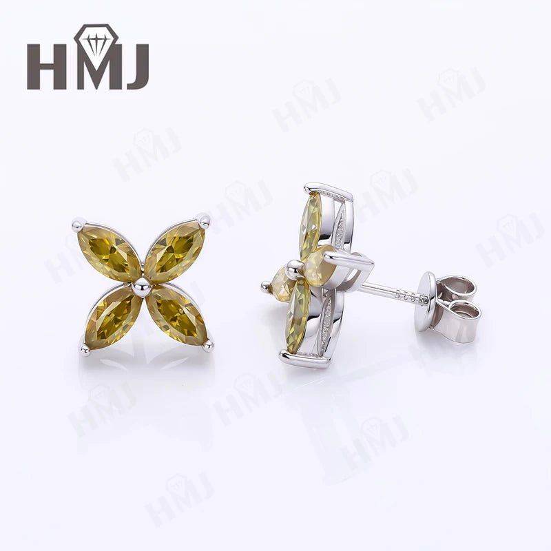 Collier Pendentif, Boucles d'Oreilles Puces, Trèfle à Quatre Feuilles, Moissanite Marquise, Argent Sterling 925