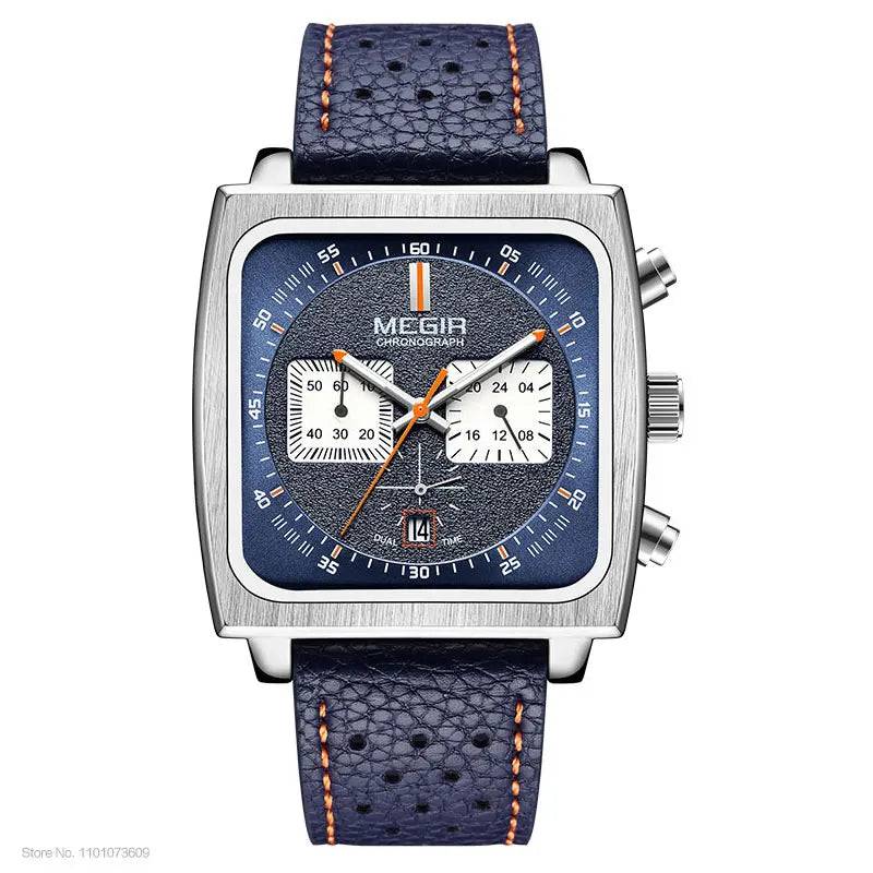 MEGIR - Montre Homme Cadran Carré Bleu - Bracelet Cuir - Chronographe 24H - Étanche 3 ATM
