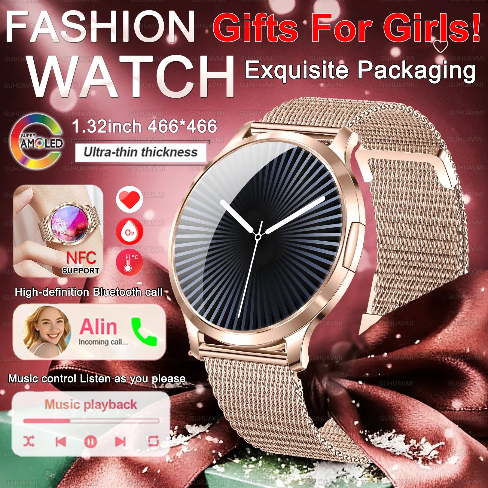 Montre Connectée Femme GUHUAVMI 2026 – Écran AMOLED 1.32", Appels Bluetooth, Suivi Santé & 100+ Sports