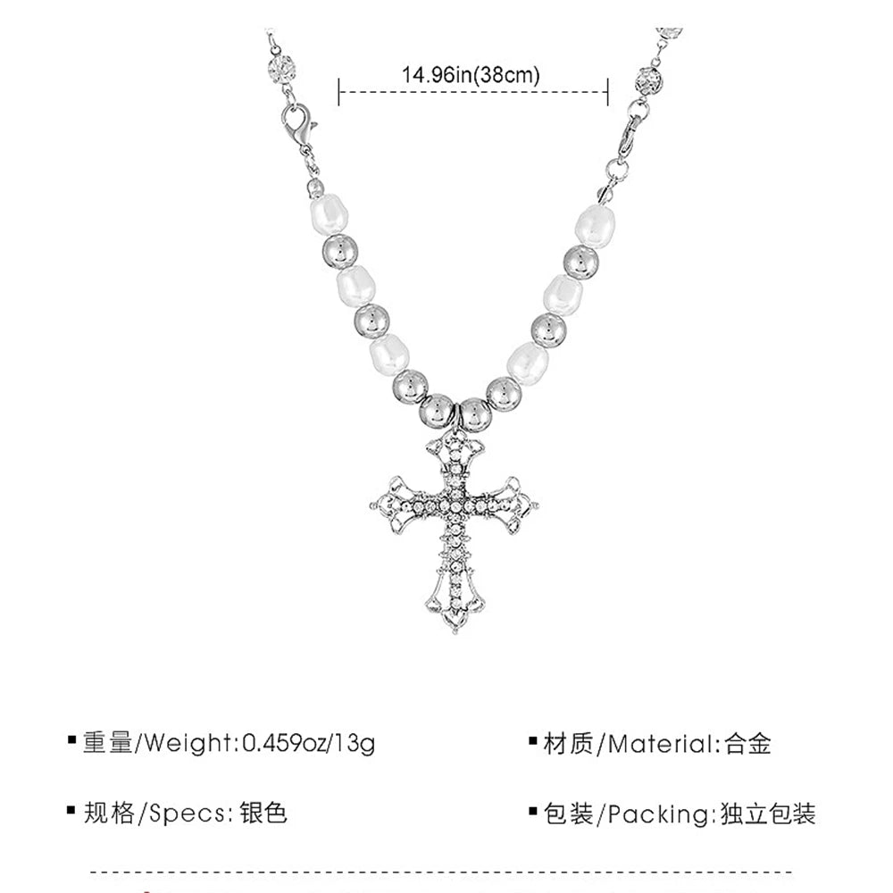 Collier Perles Imitation Pendentif Croix Cristal - Bijou Femme Élégant