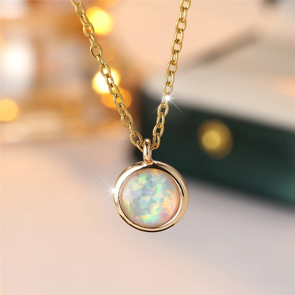 Collier de Luxe Pendentif Rond Pierre d'Opale Bleue Blanche - Vintage Couleur Or Mariage