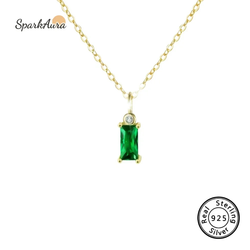 Collier Pendentif Argent Sterling 925 Zircon Émeraude - Plaqué Or 14K Vintage