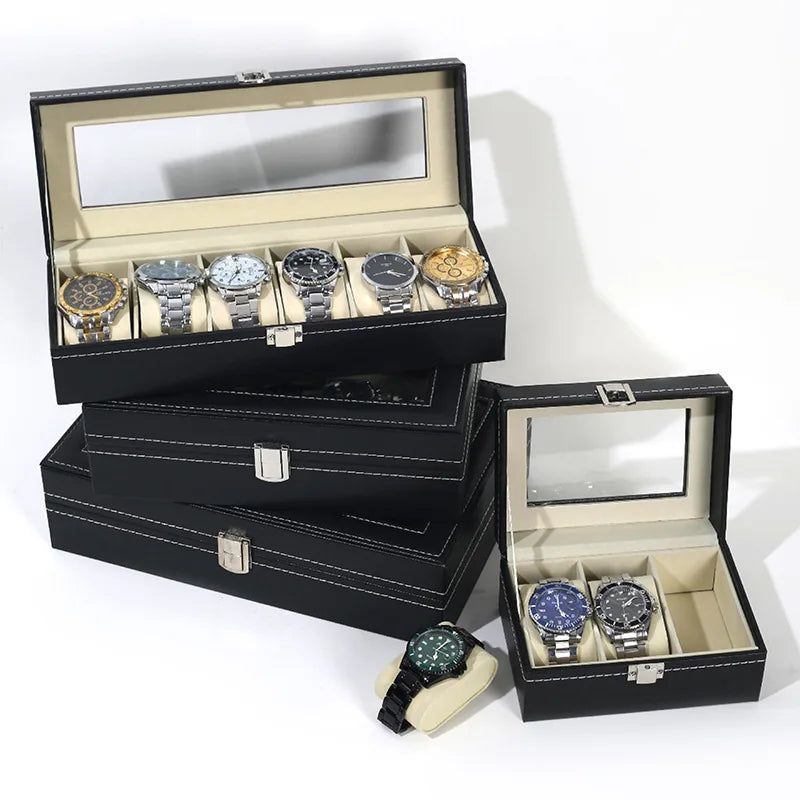 Boîte à Montres Organiseur 6 montres - Grand Verre - Coussins Amovibles - Cuir - Cadeau Luxe