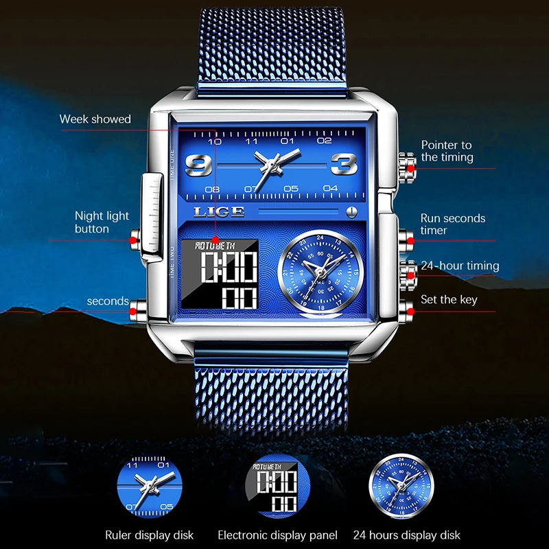 LIGE - Montre Homme Luxe Sport - Double Affichage Analogique Digital - Acier - Étanche 3 ATM