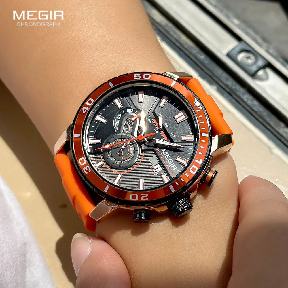 MEGIR - Montre Homme MEGIR Sport Chronographe Orange - Bracelet Silicone - Étanche 3 ATM - Lumineux