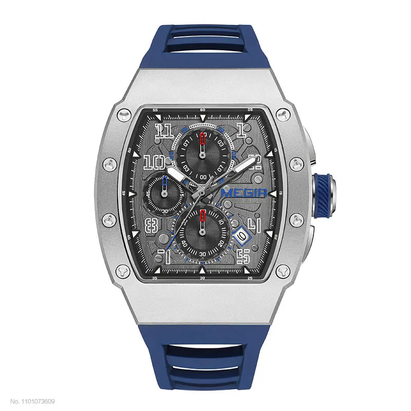 MEGIR - Montre Homme MEGIR Sport Chronographe Carrée - Cadran Bleu - Bracelet Acier - 24H - Étanche 3 ATM