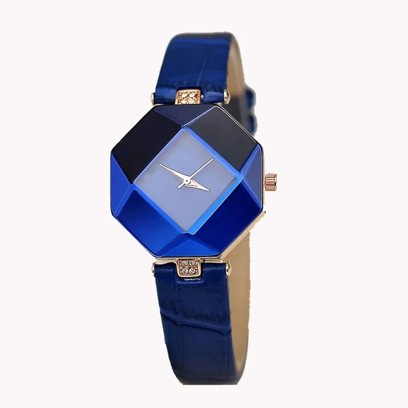 MOONBIFFY - Montre Femme Créative Design Géométrique - Bracelet Cuir Bleu - Cadran Multicolore - Casual
