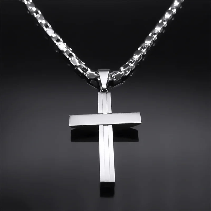 Collier Pendentif Croix Hip-Hop Acier Inoxydable - Bijou Homme Argenté