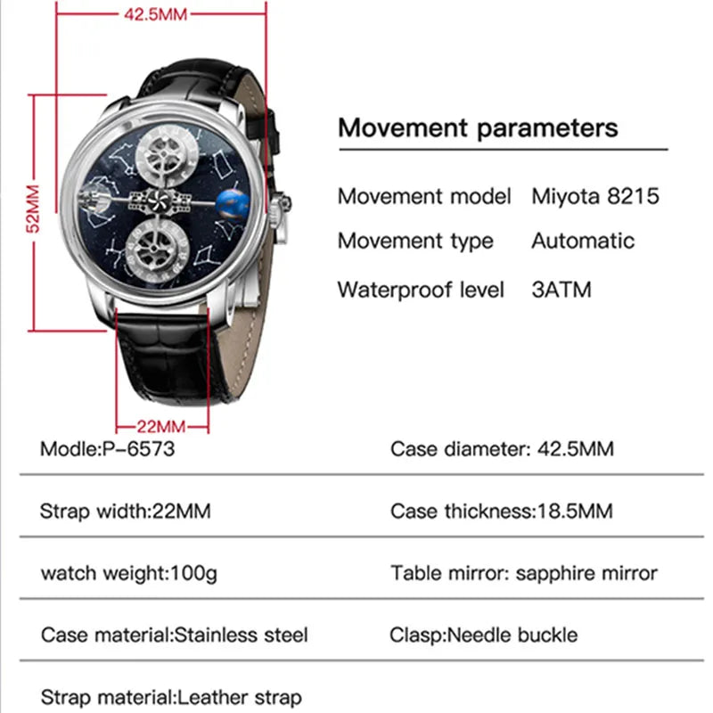 PINDU - Montre Homme Mécanique Automatique Squelette - 12 Constellations - Verre Saphir - Bracelet Maille Acier