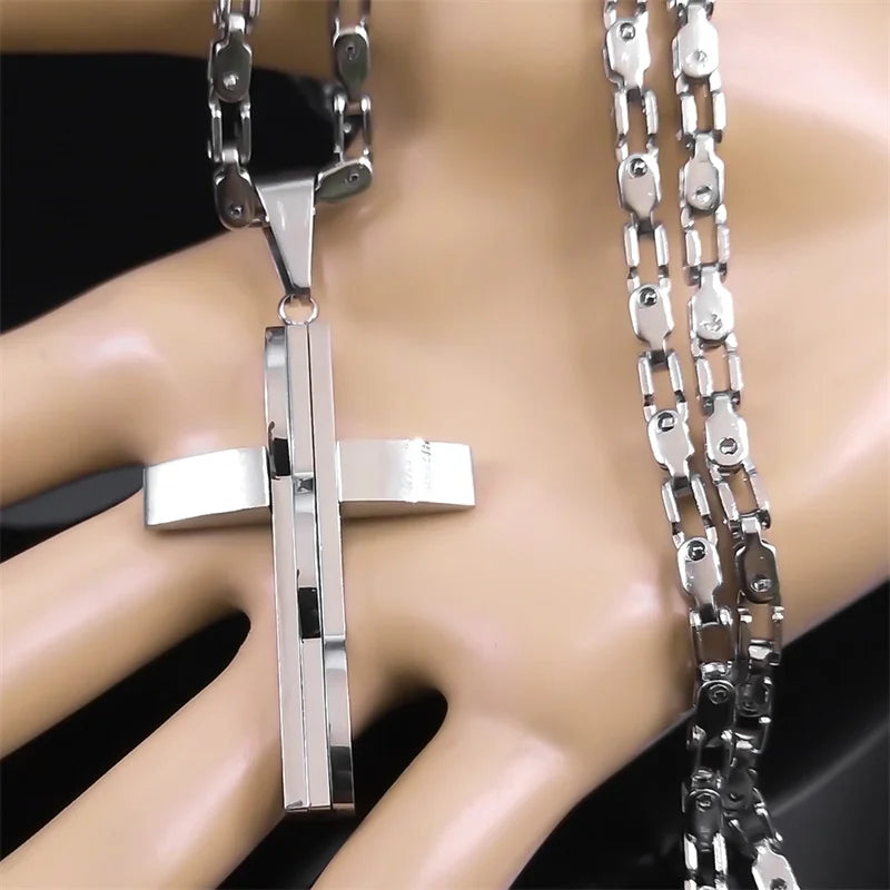 Collier Pendentif Croix Hip-Hop Acier Inoxydable - Bijou Homme Argenté