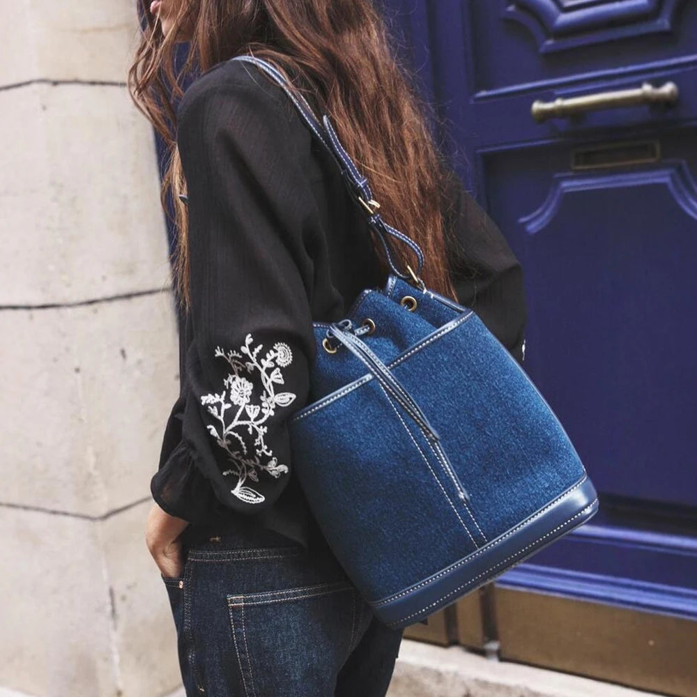 Sac à Main Femme - Seau Femme Denim Toile - Sac Bandoulière Designer Cordon Coulissant 2025