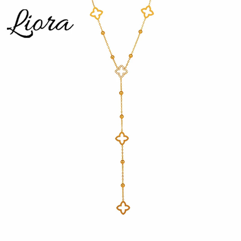 Collier Chaîne Longue Trèfle Porte-Bonheur Zircon Acier Inoxydable - Bijou Femme Élégant