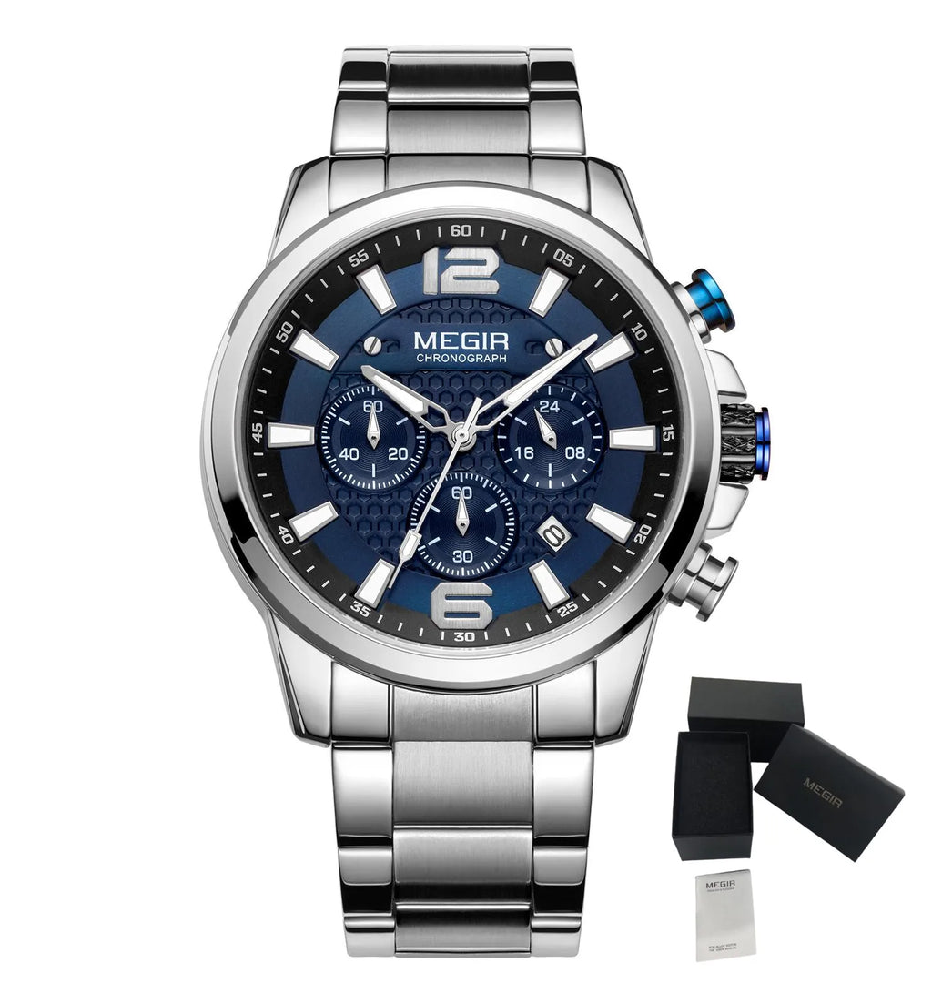 MEGIR - Montre Homme 2156 Luxe Affaires Mode Quartz Chronographe Lumineux Étanche Calendrier Acier Inoxydable