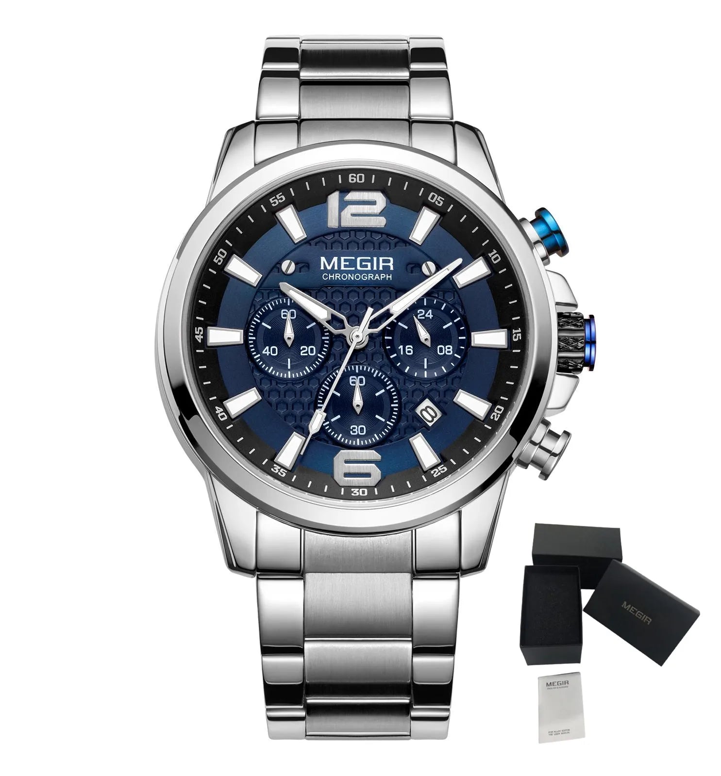 MEGIR - Montre Homme 2156 Luxe Affaires Mode Quartz Chronographe Lumineux Étanche Calendrier Acier Inoxydable