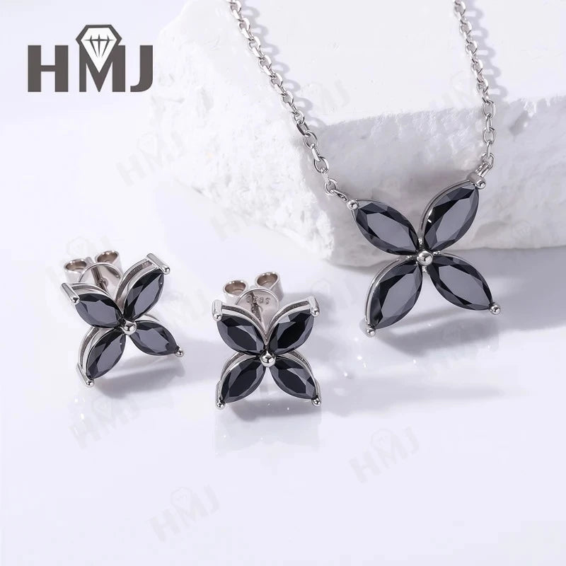 Collier Pendentif, Boucles d'Oreilles Puces, Trèfle à Quatre Feuilles, Moissanite Marquise, Argent Sterling 925