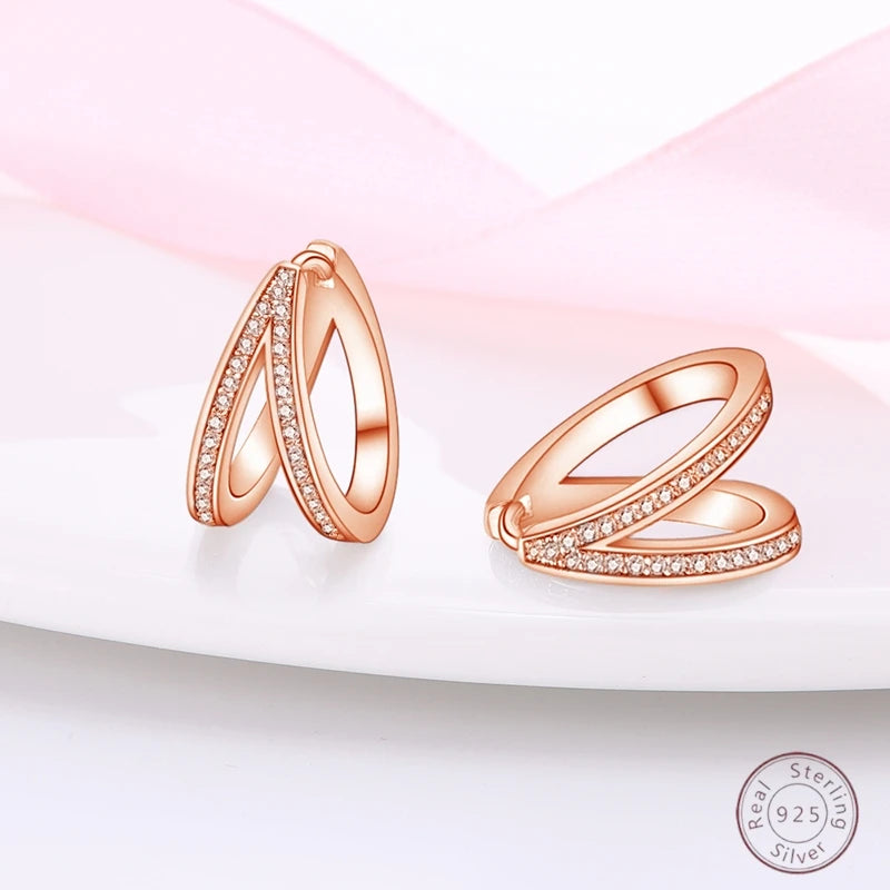 Boucles d'Oreilles Femmes Argent 925 Or Rose Torsadées - Bijou Femme Élégant