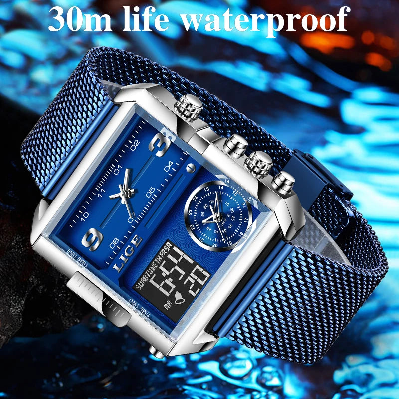 LIGE - Montre Homme Luxe Sport - Double Affichage Analogique Digital - Acier - Étanche 3 ATM