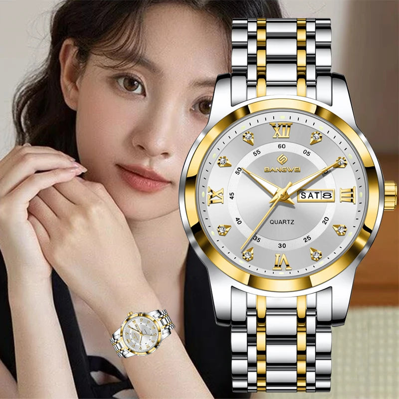 Montre Femme LIGE 2026 Diamant - Acier Inoxydable, Bracelet Créatif, Étanche 3 ATM, Calendrier Lumineux