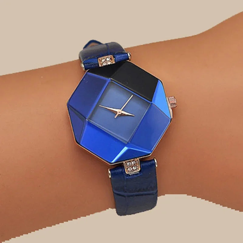 MOONBIFFY - Montre Femme Créative Design Géométrique - Bracelet Cuir Bleu - Cadran Multicolore - Casual