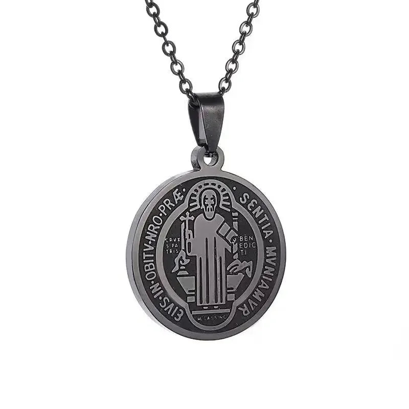Collier Pendentif Médaille Ronde de Saint Benoît - Acier Inoxydable Vintage Punk Unisexe