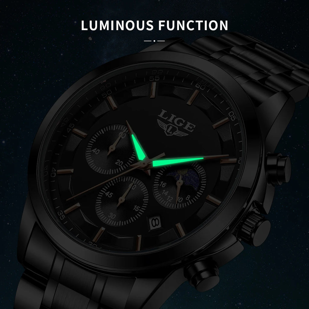 Montre Homme LIGE 2026 Luxe - Quartz Phase de Lune Calendrier Lumineux