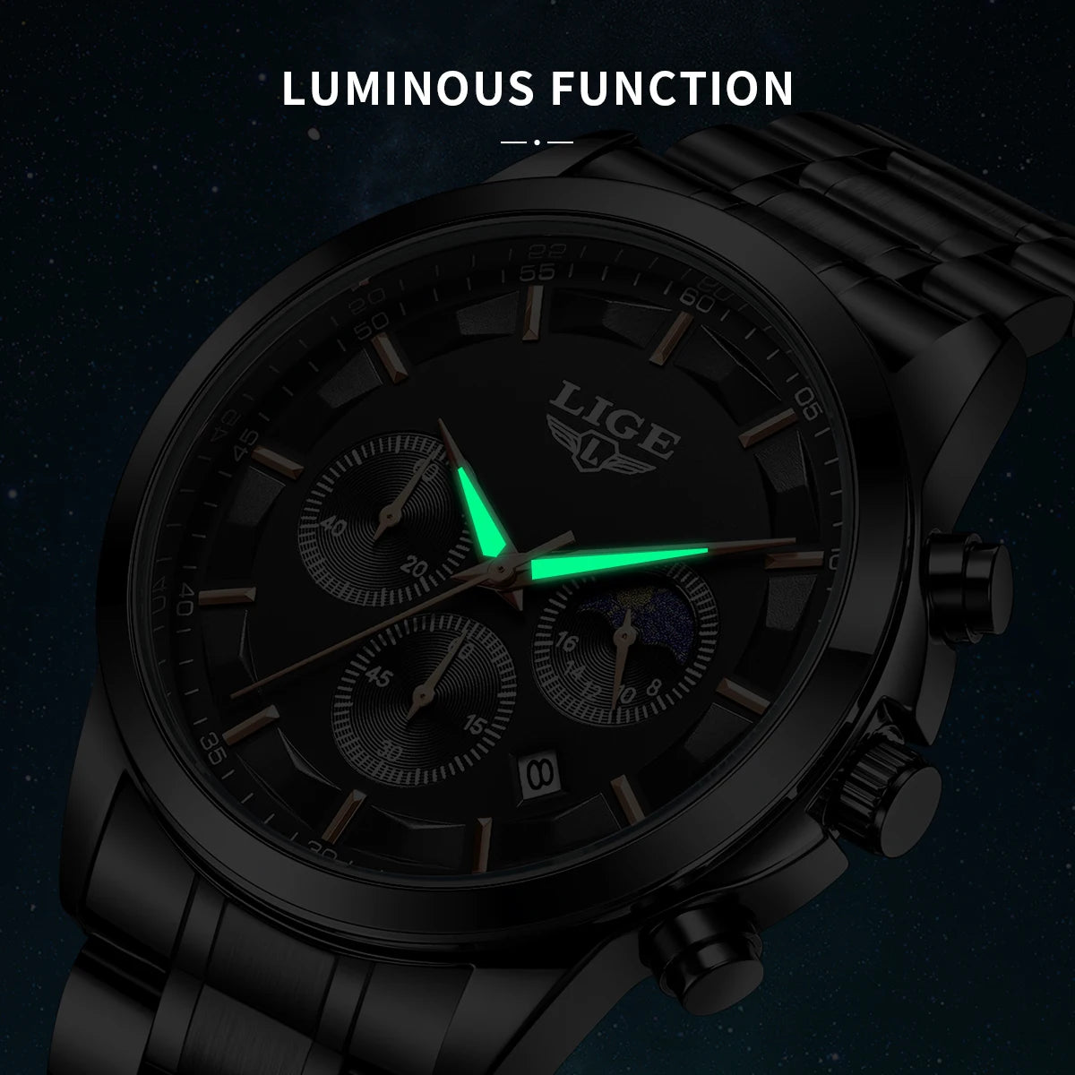 Montre Homme LIGE 2026 Luxe - Quartz Phase de Lune Calendrier Lumineux