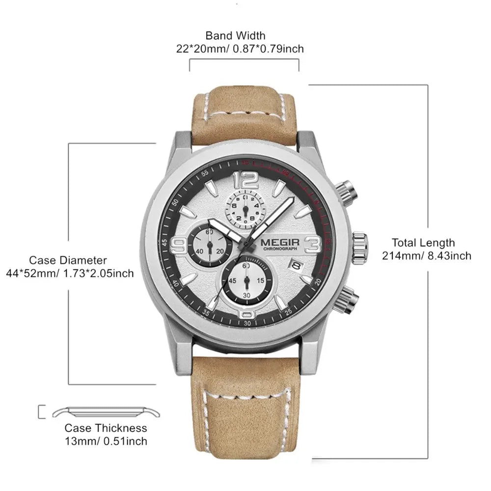 Montre Homme MEGIR 2026 Sport - Chronographe Bracelet Cuir Lumineux