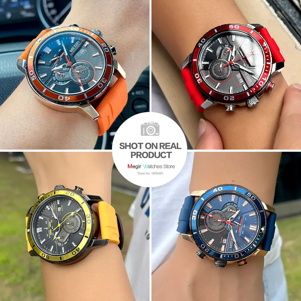 MEGIR - Montre Homme MEGIR Sport Chronographe Orange - Bracelet Silicone - Étanche 3 ATM - Lumineux