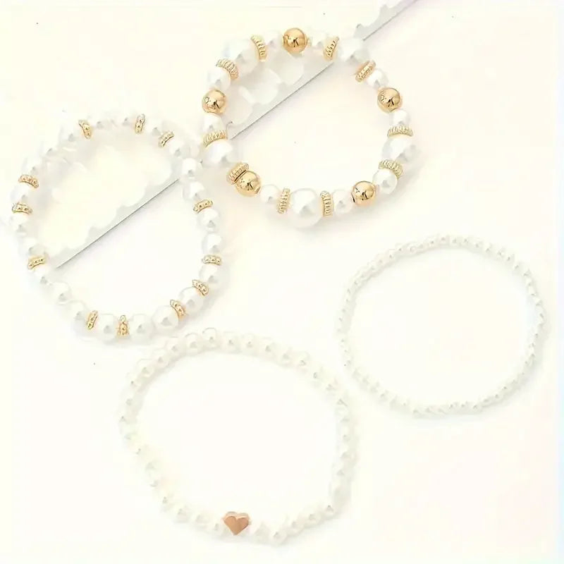 Ensemble 4 Bracelets Perles Blanches Design Doré Femme - Vintage Chic