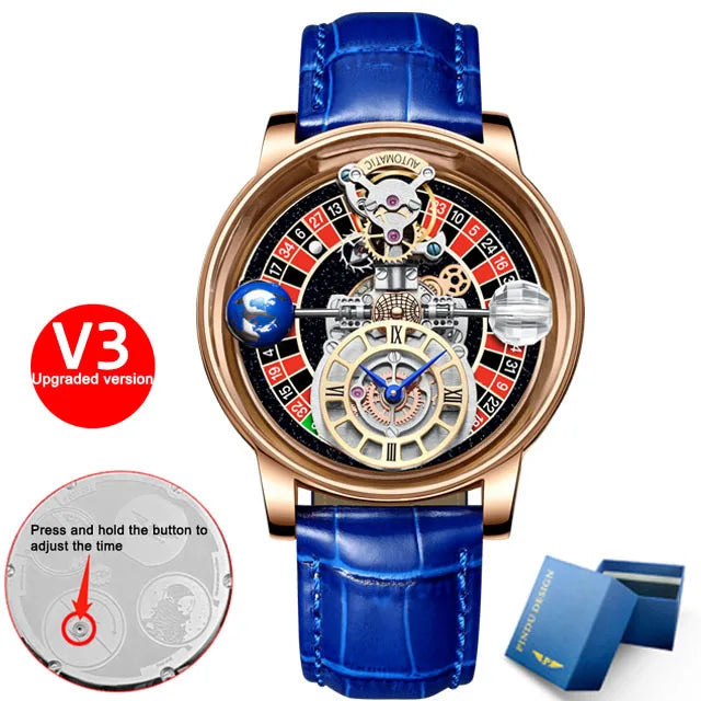 PINDU - Montre Homme Roulette Las Vegas - Design Astronomique Transparent - Quartz