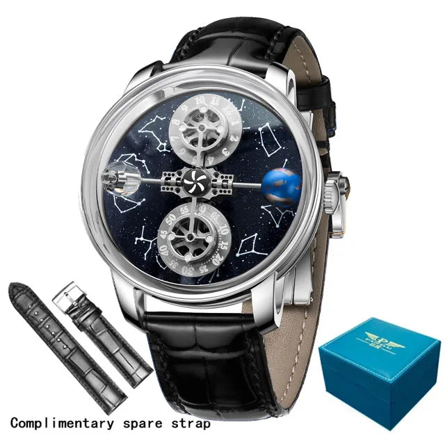 PINDU - Montre Homme Mécanique Automatique Squelette - 12 Constellations - Verre Saphir - Bracelet Maille Acier