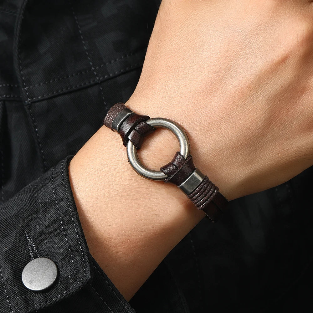 Bracelet Cuir Véritable Fait Main Unisexe - Style Hip-Hop Rock Simple